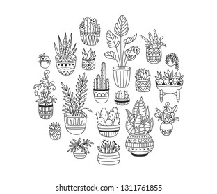 House plants hand drawn illustration set. Simple elegant modern design. Craft concept for home interior decorations, design elements, logos. Indoor plants round composition.