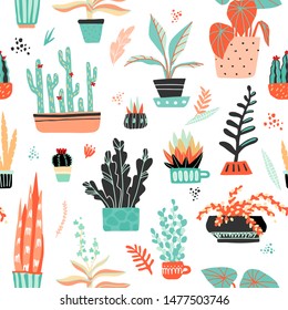 House plants handdrawn seamless pattern. Vector cartoon illustration with flower pots and floral decorative elements in flat sketch style. Pastell  hand drawn botanical background.