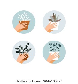 House plants in hands. Set of illustrations in flat style. Vector home flowers icons, potted flowers emblems.