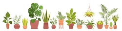 Haustiere Sind Haustiere Mit Vektorgrafik-Set. Cartoon-Blumensammlung Mit Topfpflanzen, Hauspflanzen In Tontopf, Hängende Dekorative Blumentöpfe Einzeln Auf Weißem Hintergrund