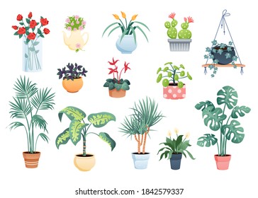 House plants home decor vector illustration set. Cartoon flat potted plants and flowers collection of houseplants in macrame pot, clay or glass vase for indoor garden decoration isolated on white