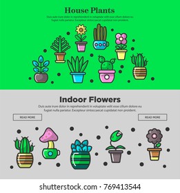 House plants and home garden flowers vector web banners design for gardening