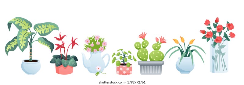 House plants for home garden vector illustration set. Cartoon flat houseplant pots collection with macrame, clay or glass vase natural flowerpots isolated on white