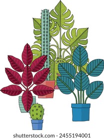 House plants or houseplants in pots stylised cartoon illustration
