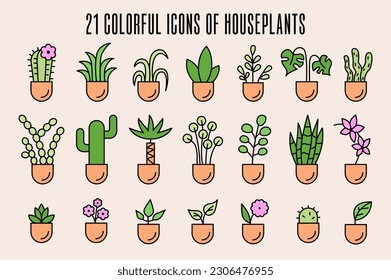 House plants icon set. Decorative flower in pot simple colored design. Potted flora for home interior. Botanical collection. Flat vector illustration