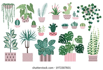 House plants and indoor flowers in pots for home and office interior. Popular decorative houseplants icons for home gardening and decor.