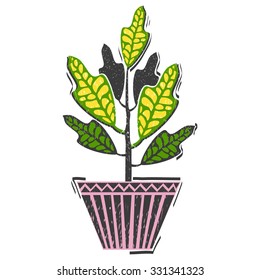 House plants: Kroton. Vector. Lino cut.