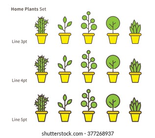 House plants linear vector illustration with plants, pots, cactus, leaf (leaves). Natural (ecology, ecological) house plants creative graphic concept. Natural eco decorative house plants set.
