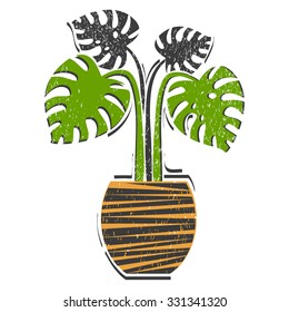 House plants: Monstera. Vector. Lino cut.