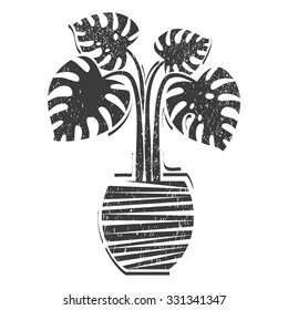 House plants: Monstera. Vector. Lino cut. Black and white