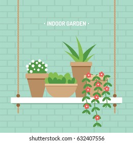 House plants on hanging shelf indoor garden vector illustration