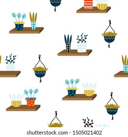 House plants on a shelf. Trendy seamless pattern. Vector hand drawn illustration.