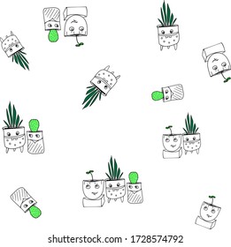 House plants pattern with funny pots. Bicolor vector seamless pattern with doodle illustration, can be printed on paper, fabric, textile, t-shirts and bags design