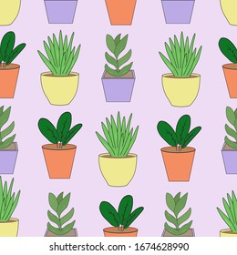 House plants in a pot on a violet background seamless pattern. Various plants.