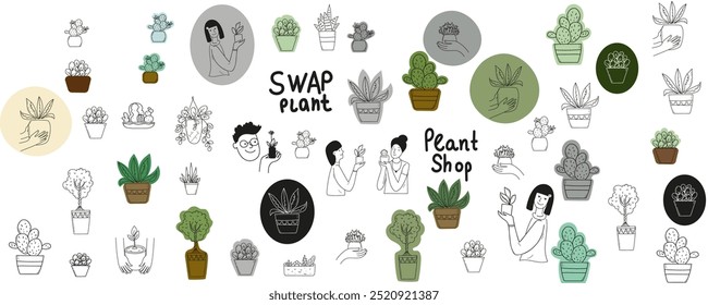 Plantas de la casa en el icono del png del Vector de la olla y sistema de la etiqueta engomada. Plantas de interior aisladas sobre fondo transparente. Jardinería casera. Establecer ilustraciones dibujadas a mano lineales doodle plano.