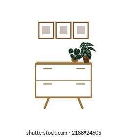 House plants in pots with chest of drawers flat vector illustration.