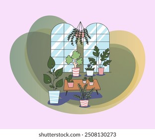 House plants in pots flat vector illustration. Cozy room with houseplant. Interior design, home garden, hobby and botanical concept