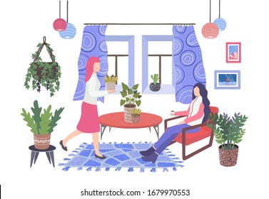 Plantas de casa en ollas en la sala de estar y dos mujeres descansando y relajándose en el jardín de casa ilustración plana vectorial. Las habitaciones interiores están decoradas con plantas de hogar verdes.