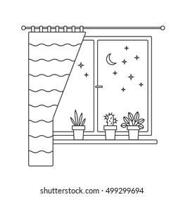 House plants in the pots on a windowsill. Night view from a window. Interior flat line illustration