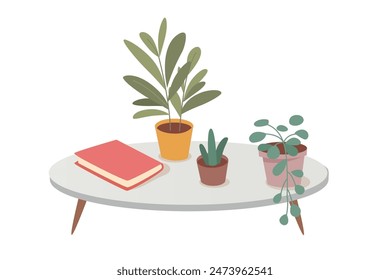 House plants in pots standing on table vector illustration. Indoor flowerpots in home. Flowers in ceramic containers. Room interior decor. Green office concept.