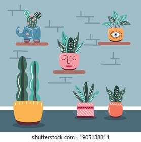 house plants in pots, style scandinavian vector illustration design