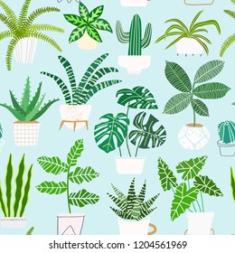 House plants in pots vector seamless pattern. Houseplant background