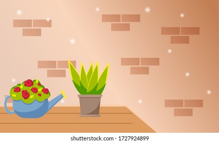 House plants in pots and watering can. A bouquet of red flowers in a watering can and a pot of evergreen stand on a table against a brick wall. The subject for watering flowers is used as a vase