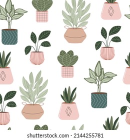 Las plantas de la casa son un patrón sin fisuras. Plantas potentadas vectorial plano Ilustración.