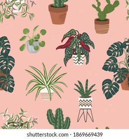 Las plantas de la casa son un patrón sin fisuras. Decoración de moda en casa con ilustraciones vectoriales de plantas. Flores en la olla, diseño interior de la casa