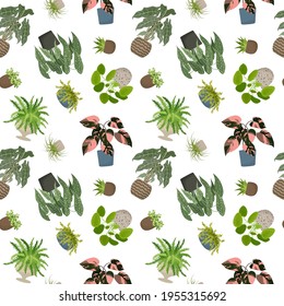 House plants seamless pattern. Trendy home decor with indoor plants. Flowers in pot. Design for textile, wallpaper, wrapping paper. Vector illustration isolated on white background