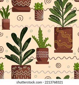 House plants seamless pattern. Trendy home decor with plants vector illustration. Flowers in pot, house interior design. hygge style