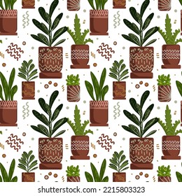 House plants seamless pattern. Trendy home decor with plants vector illustration. Flowers in pot, house interior design. hygge style