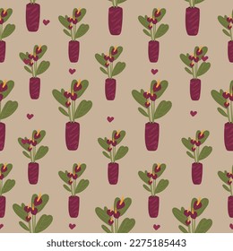 House plants seamless pattern. Trendy home decor with plants vector illustration. Flowers in pot, house interior design.