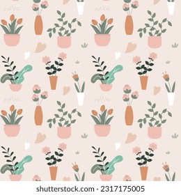 House plants seamless pattern. Trendy home decor with plants, texture template. Flowers in pots, house interior design. Green seamless tropical floral pattern. Repeat background. vector illustration