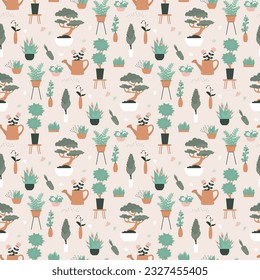 House plants seamless pattern. Trendy home decor with plants, texture template. Flowers in pots, accessories and tools. Green seamless tropical floral pattern. Repeat background. vector illustration