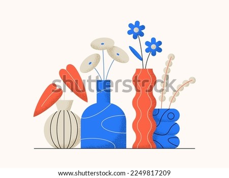 House plants set. Abstract vases. Contemporary poster of potted flowers boho style. Modern home interior natural decor. Organic shape. Foliage decoration icon. Colorful trendy vector illustration.