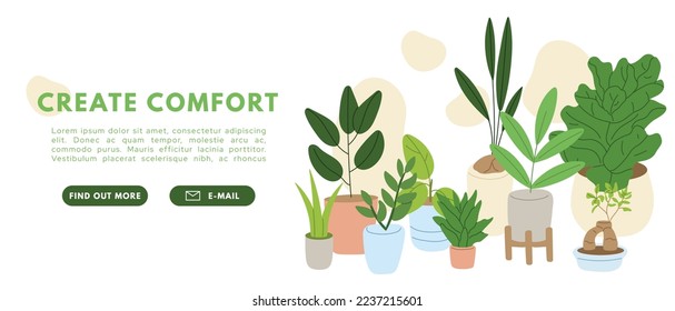 House plants set. Create comfort interior. Green decor. Flat vector illustration