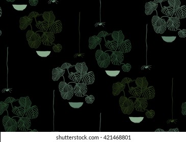 House plants and spiders. Hand drawn vector seamless pattern.