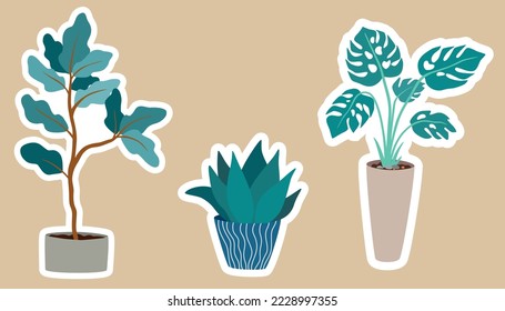 House plants stickers. Set of hygge tropical patee succulent plants stickers. Cozy lagom style collection of plants in cartoon style. Hand draw vector bundle.