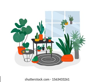 House plants in urban home garden with cat. Scandinavian or Nordic style living room interior. Hand drawing style cozy interior with homeplants. Cartoon vector illustration.