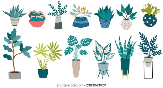 House plants, Urban jungle, fashionable home decor with plants, cacti, tropical leaves in stylish pots and pots. Flat vector illustration isolated on white background