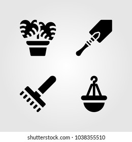House Plants vector icon set. pot, rake, shovel and monstera