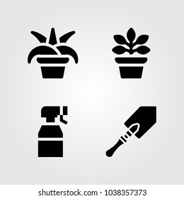 House Plants vector icon set. ficus, sprayer, chlorophytum and shovel