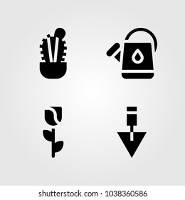 House Plants vector icon set. trowel, valentines day, watering can and cactus