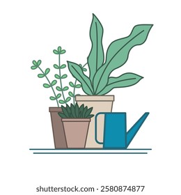 House plants and watering can. Vector illustration isolated on white background