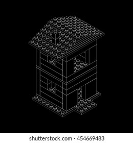 House from plastic construction bricks. 3d isometric style.Vector outline illustration. Isolated on black background.