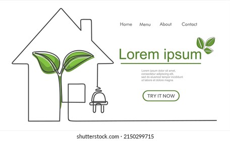 House With Plug And Lightbulb Like A Plant In One Line Drawing. Save Energy Concept In Minimalistic Style. Can Used For Logo, Emblem, Slide Show And Banner. Vector Illustration