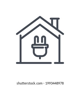 House with plug line icon. Remote control of electricity of smart home vector outline sign.