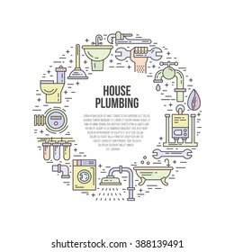 House Plumbing - Banner, Poster Or Advertising Template With Plumbing Gear. Wrench, Pipe, Leak - House Repair Symbols. Handyman Services Vector Illustration.