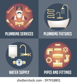 House plumbing - collection of four vector banners, posters with plumbing symbols. Handyman services. Portrait of plumber